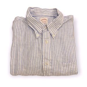 Brooks Brothers Linen Seersucker Blue and White Button Down Shirt